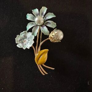 Antique Floral Brooch with Pearls and Enamel